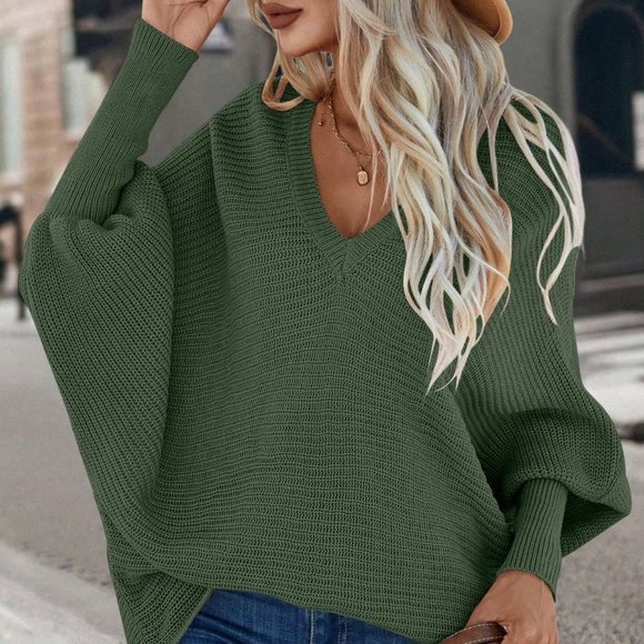 Casual Batwing Sleeve V Neck Sweater Green - Picture 5 of 5